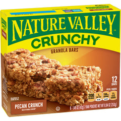 Nature Valley Pecan Crunch granola bar front view, portable whole-grain snack.