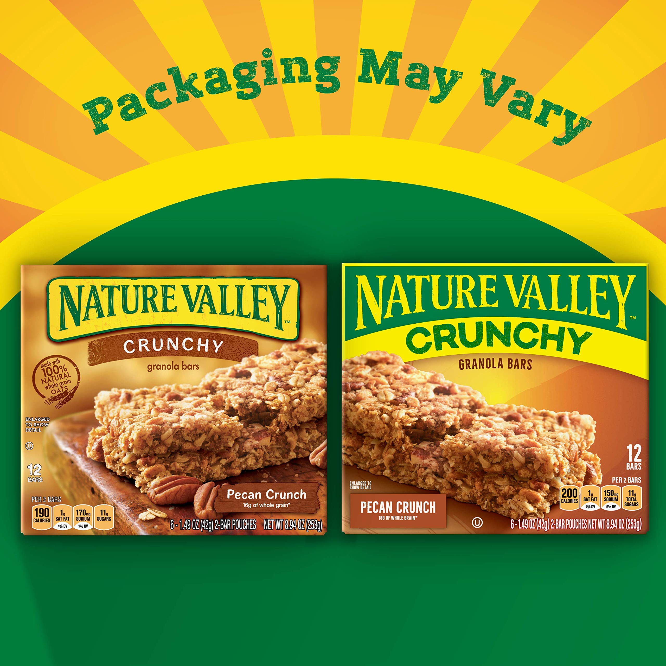 Nature Valley Pecan Crunch two bars per pouch, portable snack option.