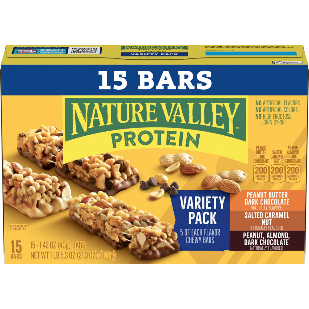 Nature Valley Peanut Butter Dark Chocolate bar close-up for a chewy gluten-free treat.