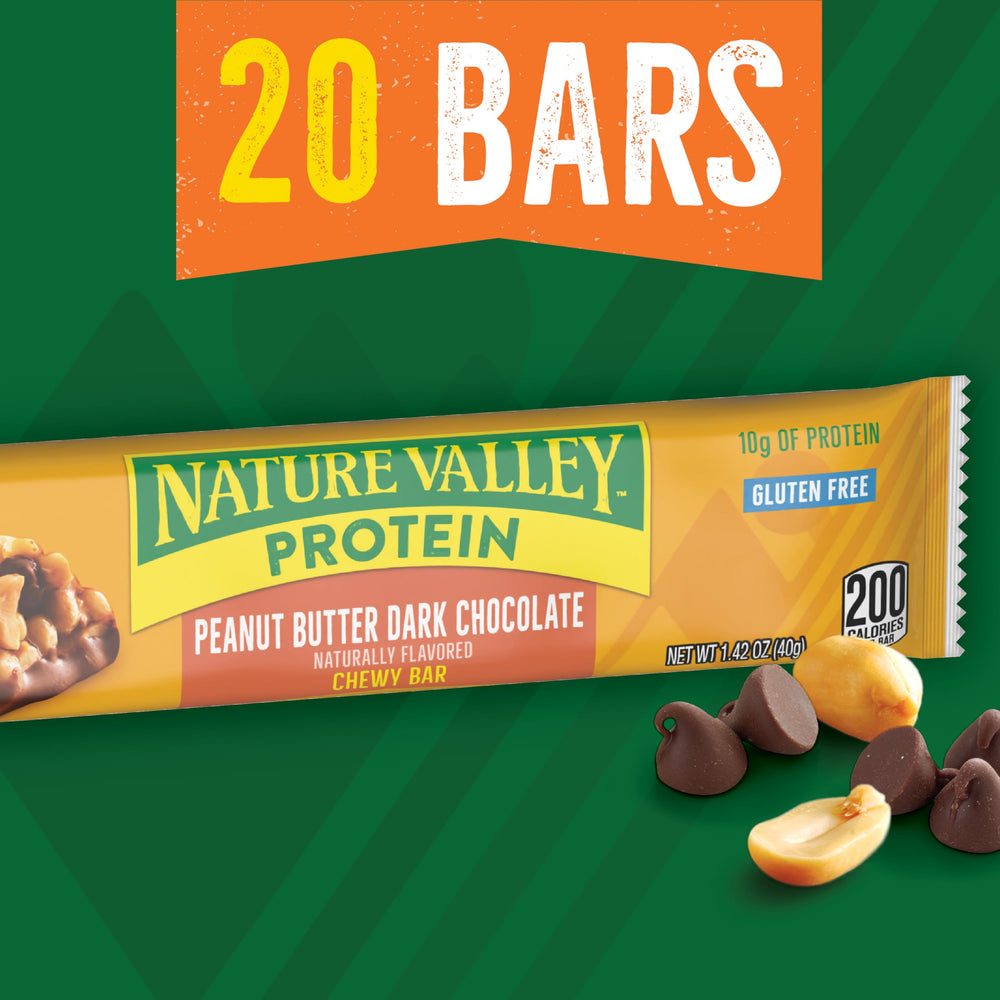 Nature Valley Protein Chewy Bars close-up of roasted peanuts and chocolate chips for flavor.
