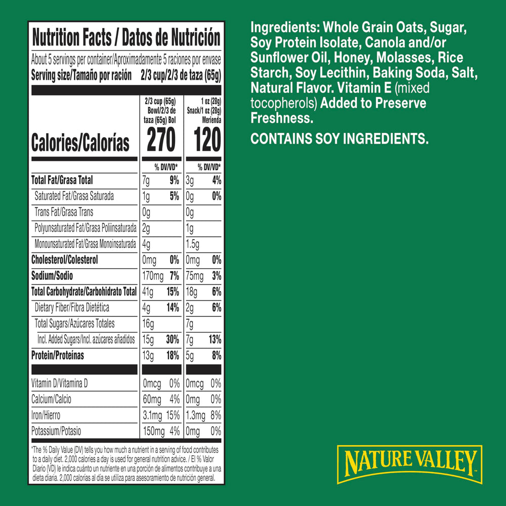 Nature Valley Protein Oats and Honey granola crunchy clusters close-up for texture.