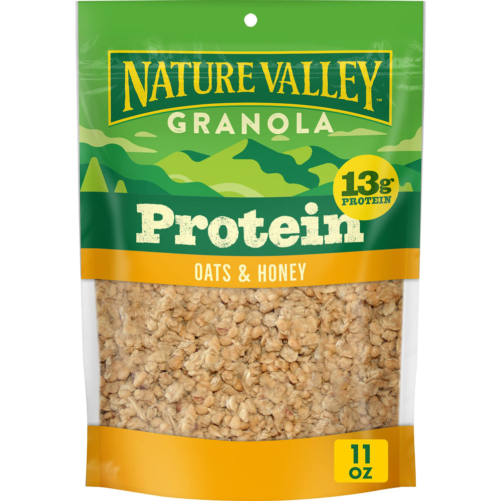 Nature Valley Protein Oats and Honey granola pack shot with resealable pouch.