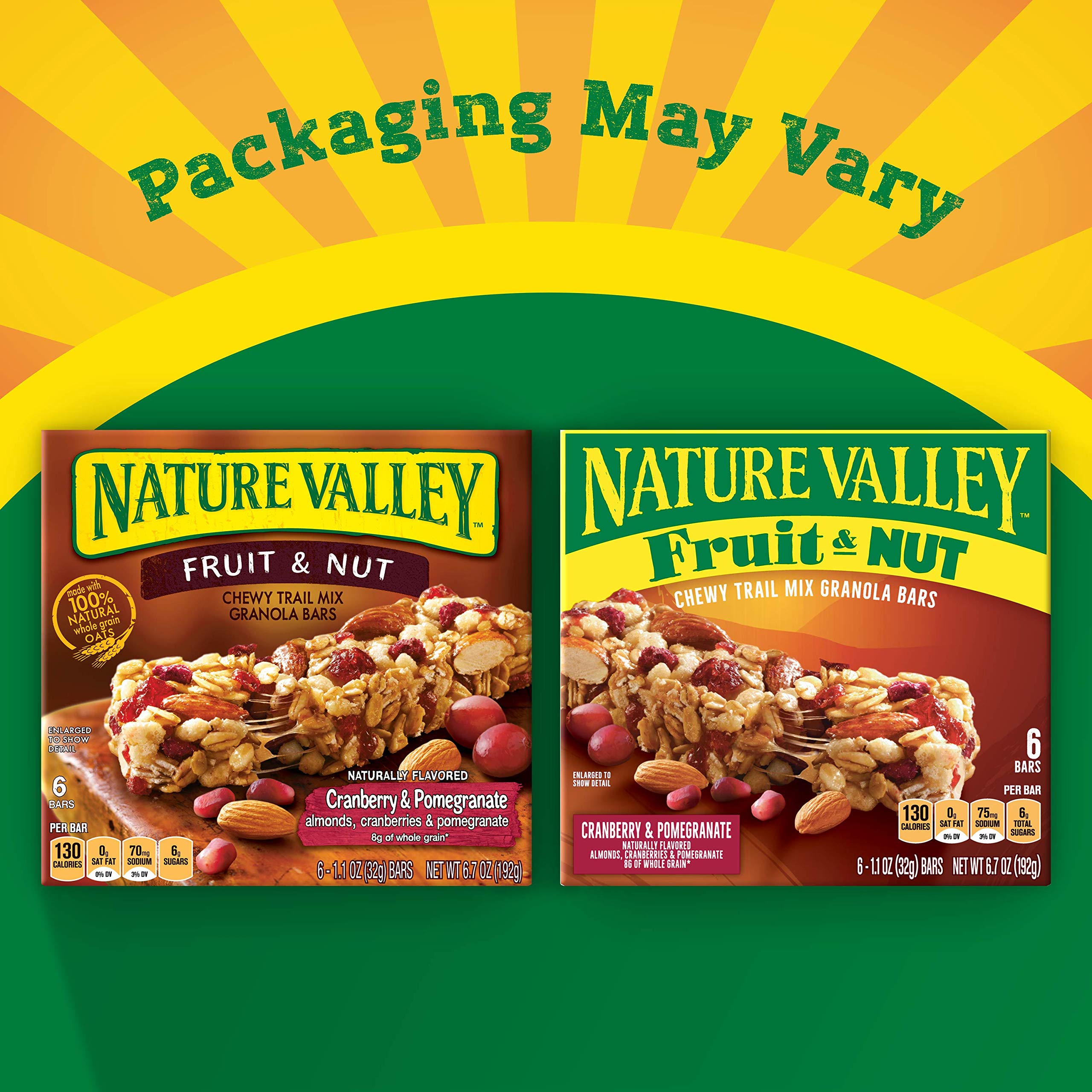 Nature Valley real-fruit-ingredients close-up shows cranberries and pomegranate for flavor.