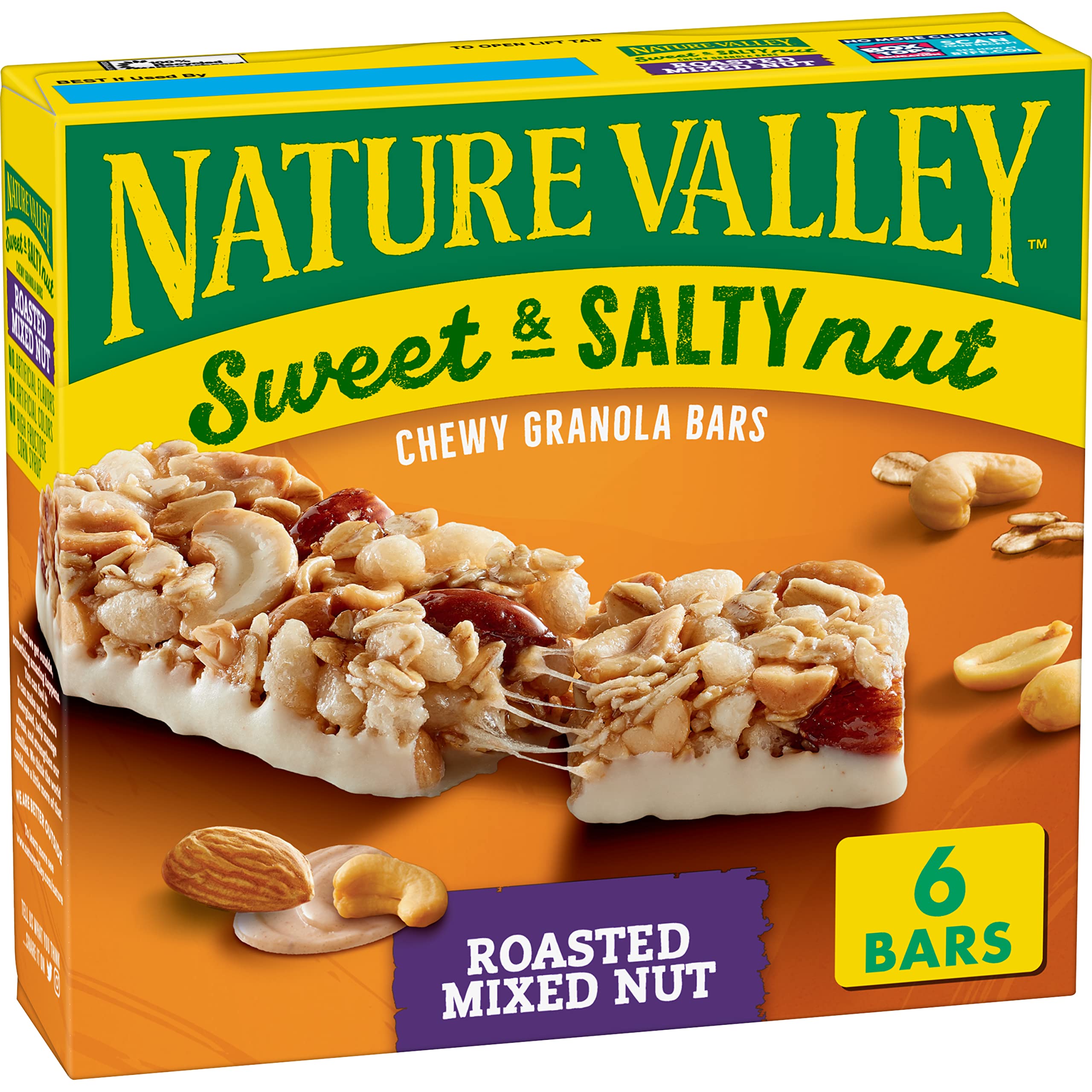 Nature Valley Roasted Mixed Nut bar close-up showing mixed nuts and creamy coating for on-the-go snacking.