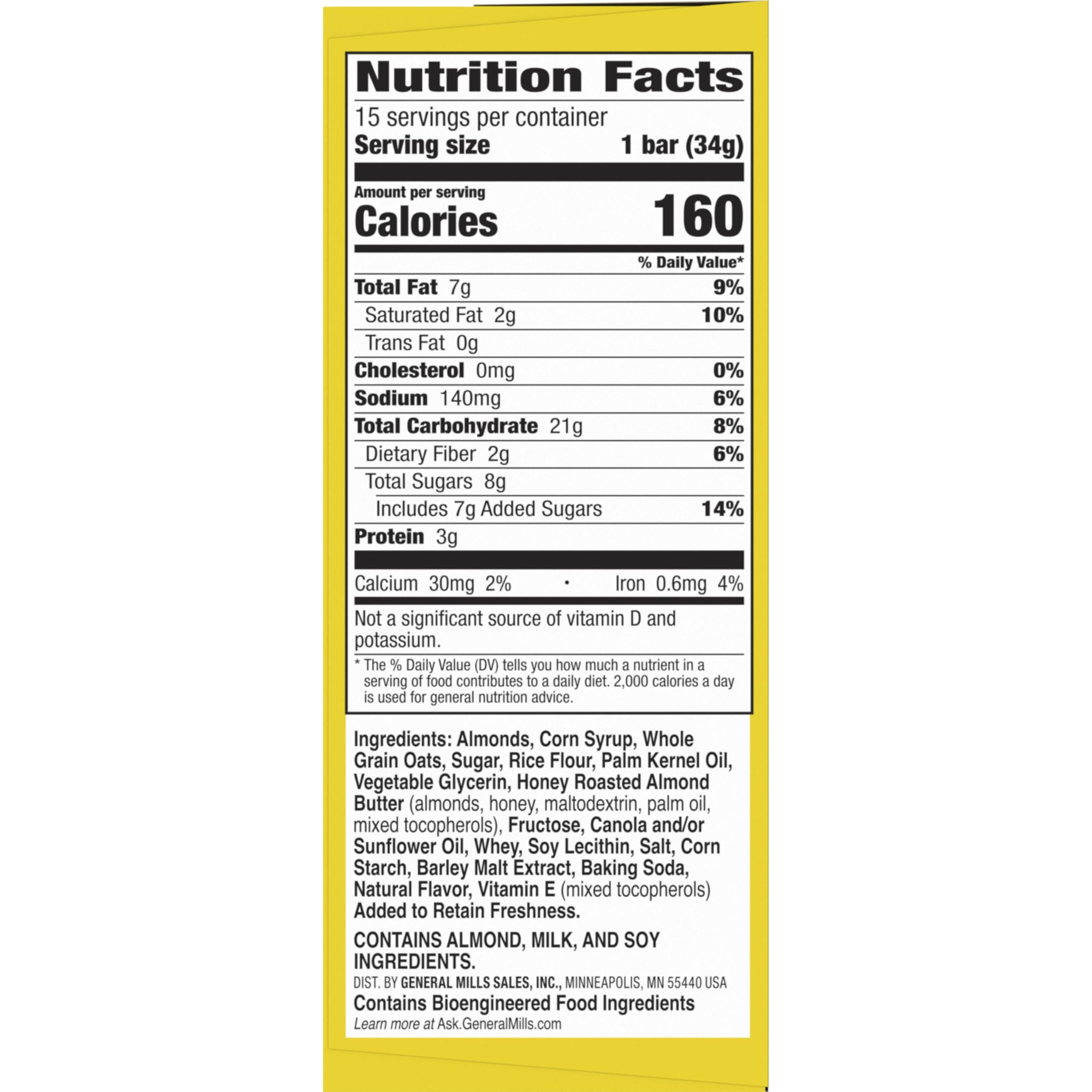 Nature Valley bar features roasted peanuts and almonds for crunchy texture.