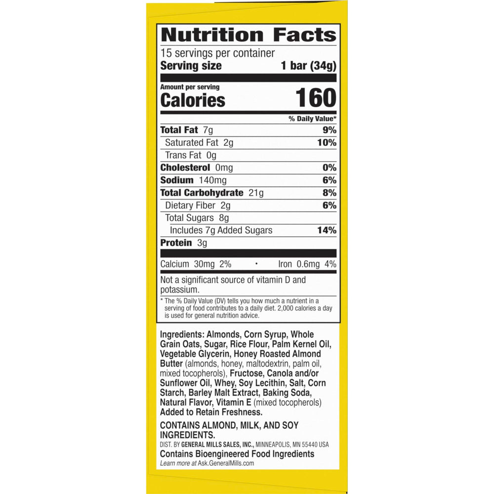 Nature Valley bar features roasted peanuts and almonds for crunchy texture.