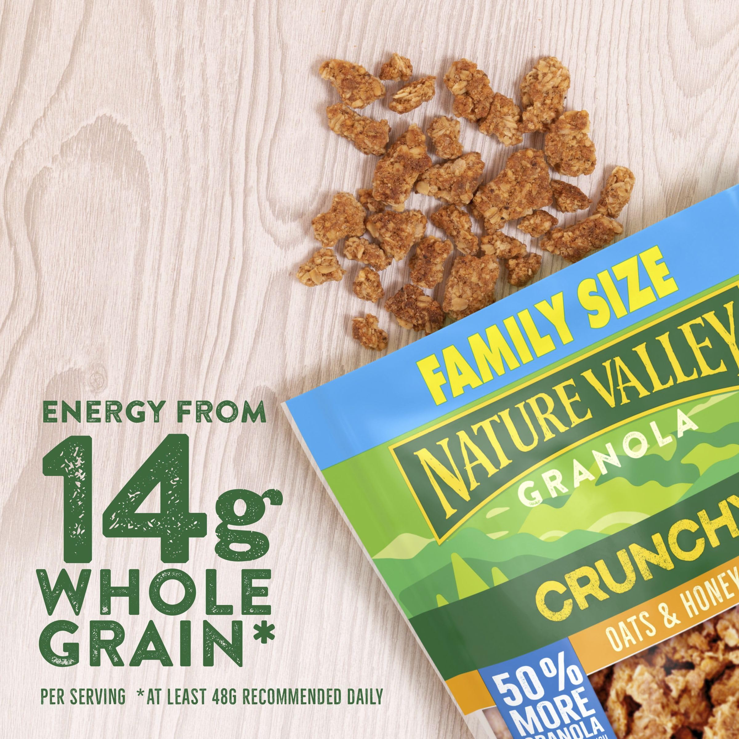 Nature Valley snack on the go packaging shows resealable pouch for fresh convenience.