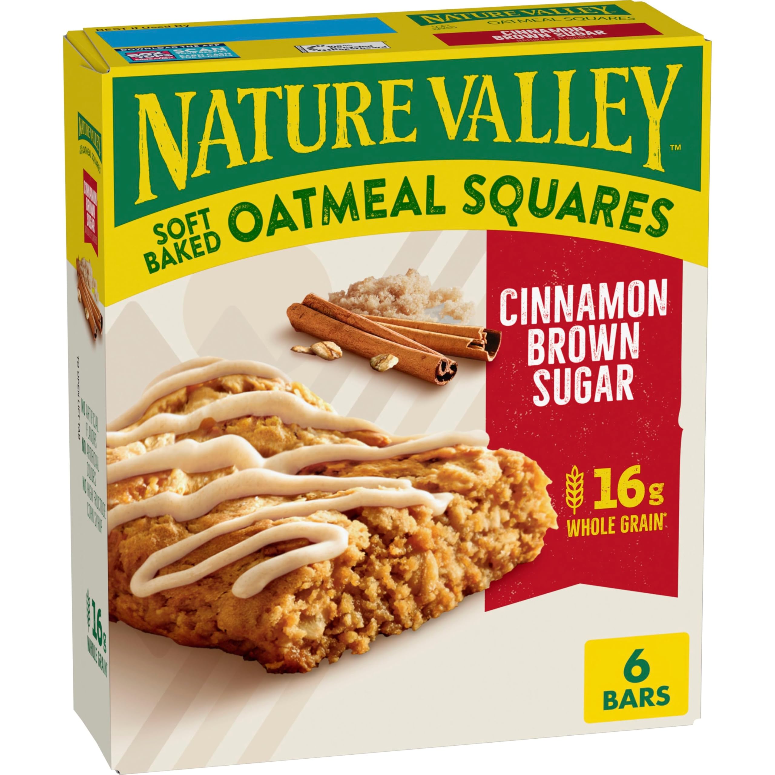 Nature Valley Soft-Baked Oatmeal Squares Cinnamon Brown Sugar box shown, portable breakfast option.