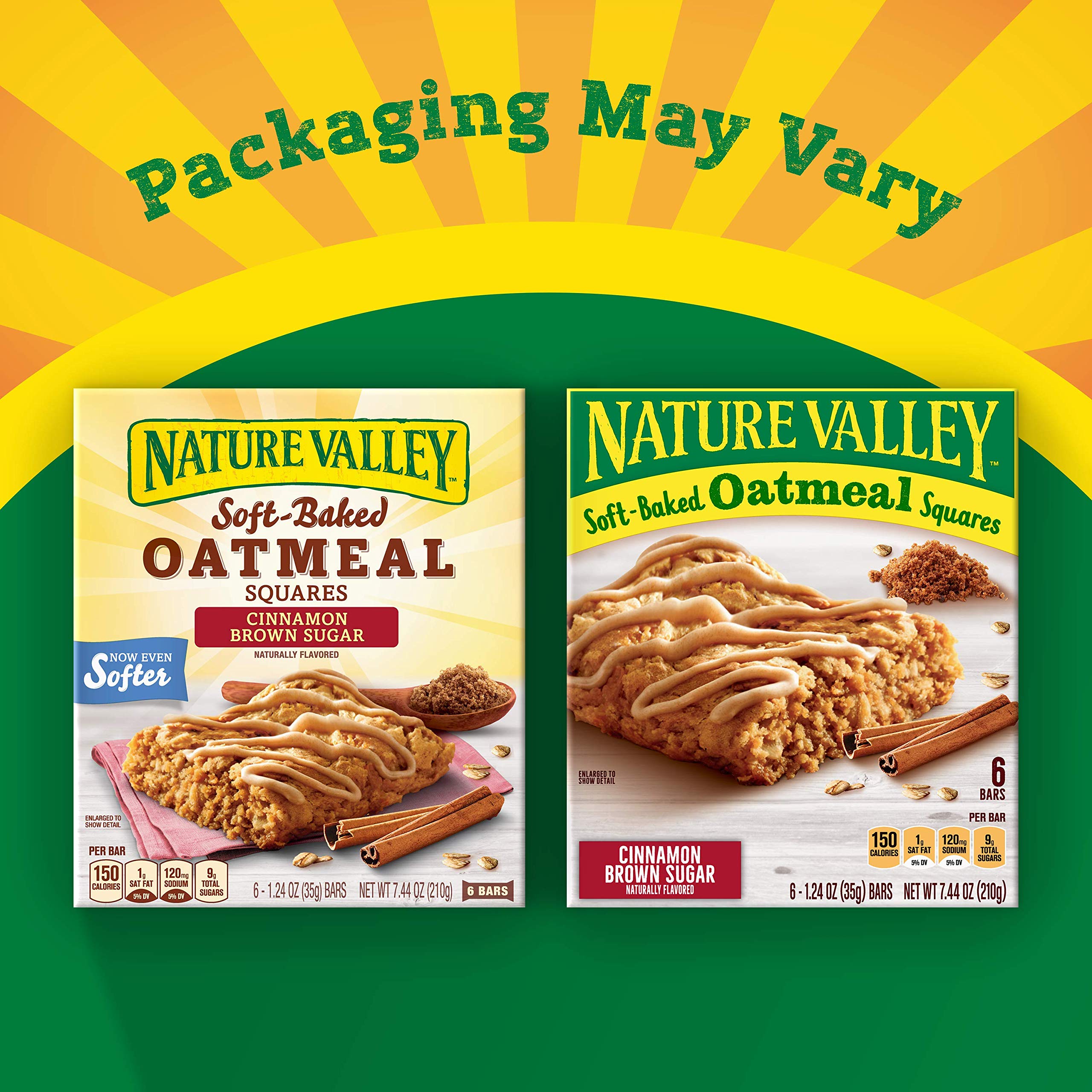 Box of Nature Valley Oatmeal Squares packaging on a kitchen counter.