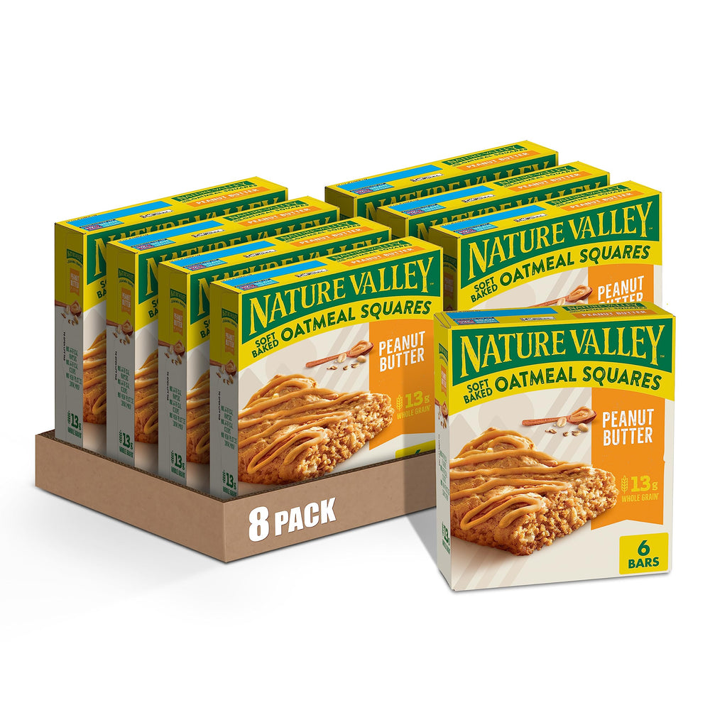 Nature Valley Soft-Baked Oatmeal Squares peanut butter packaging for quick breakfast on the go