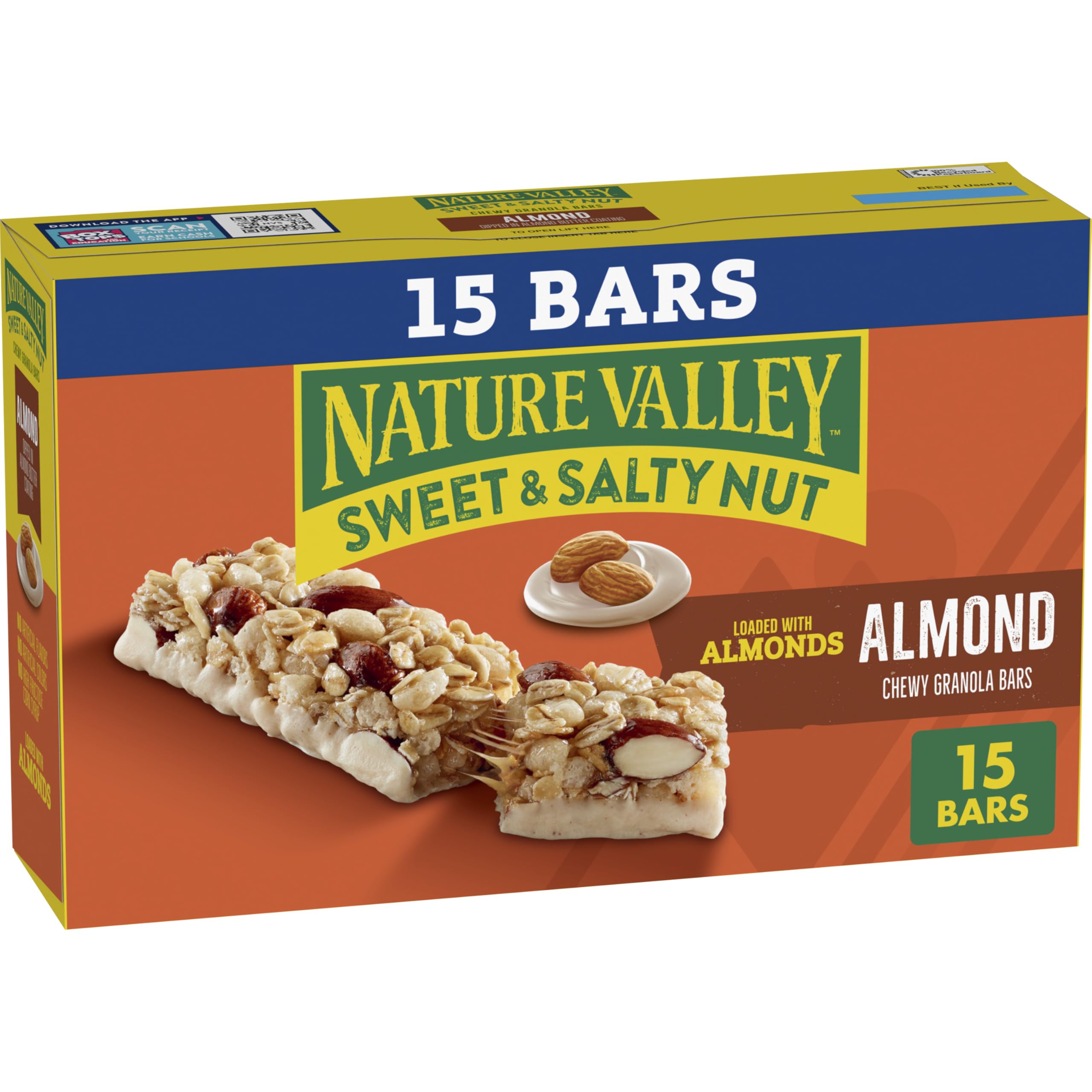 Nature Valley Sweet and Salty Nut Almond bars on shelf for quick snacking.