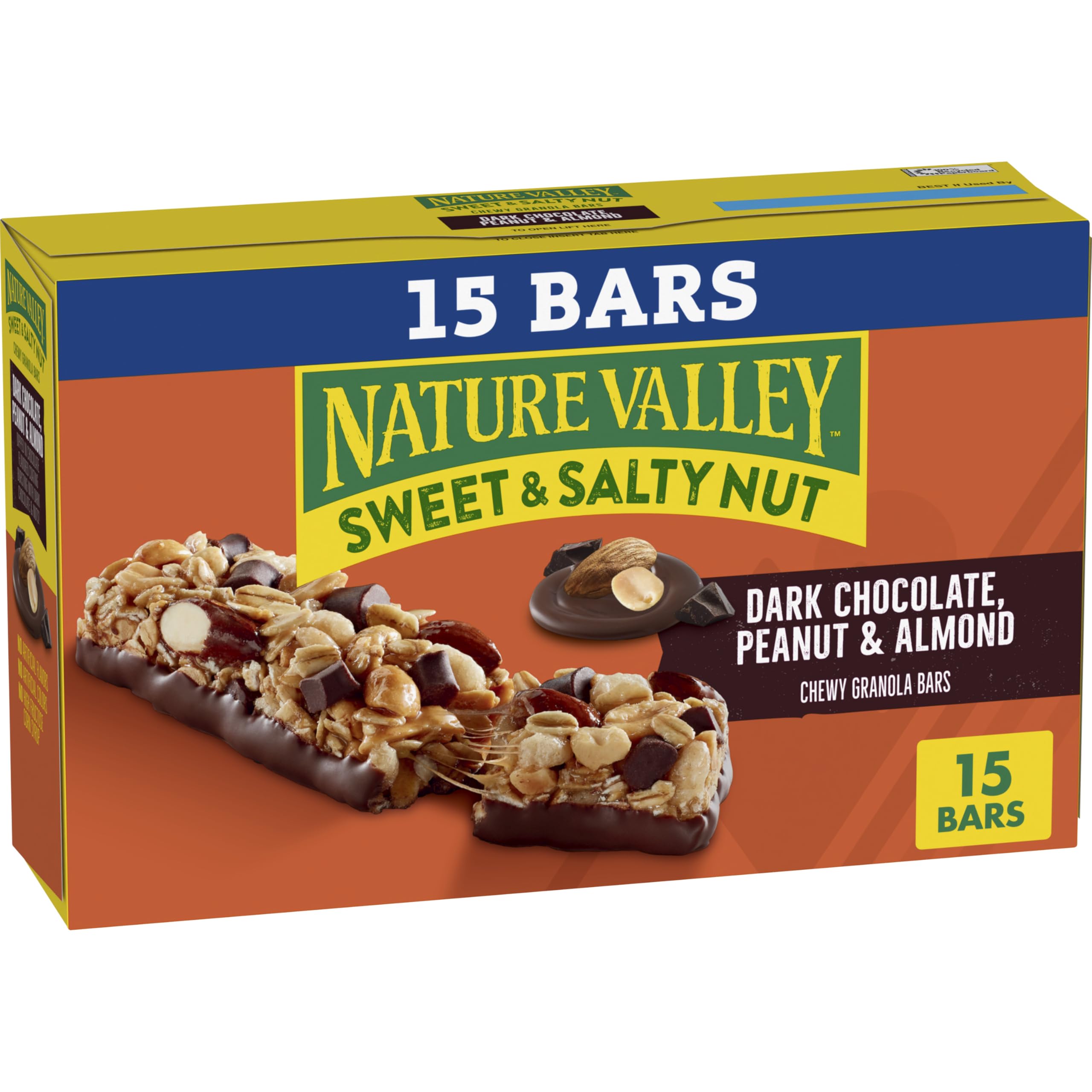 Nature Valley Sweet and Salty Nut bar with dark chocolate chunks and peanuts.