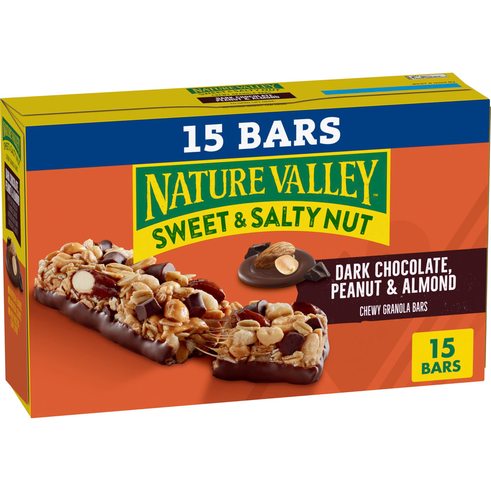 Nature Valley Sweet and Salty Nut bar with dark chocolate chunks and peanuts.