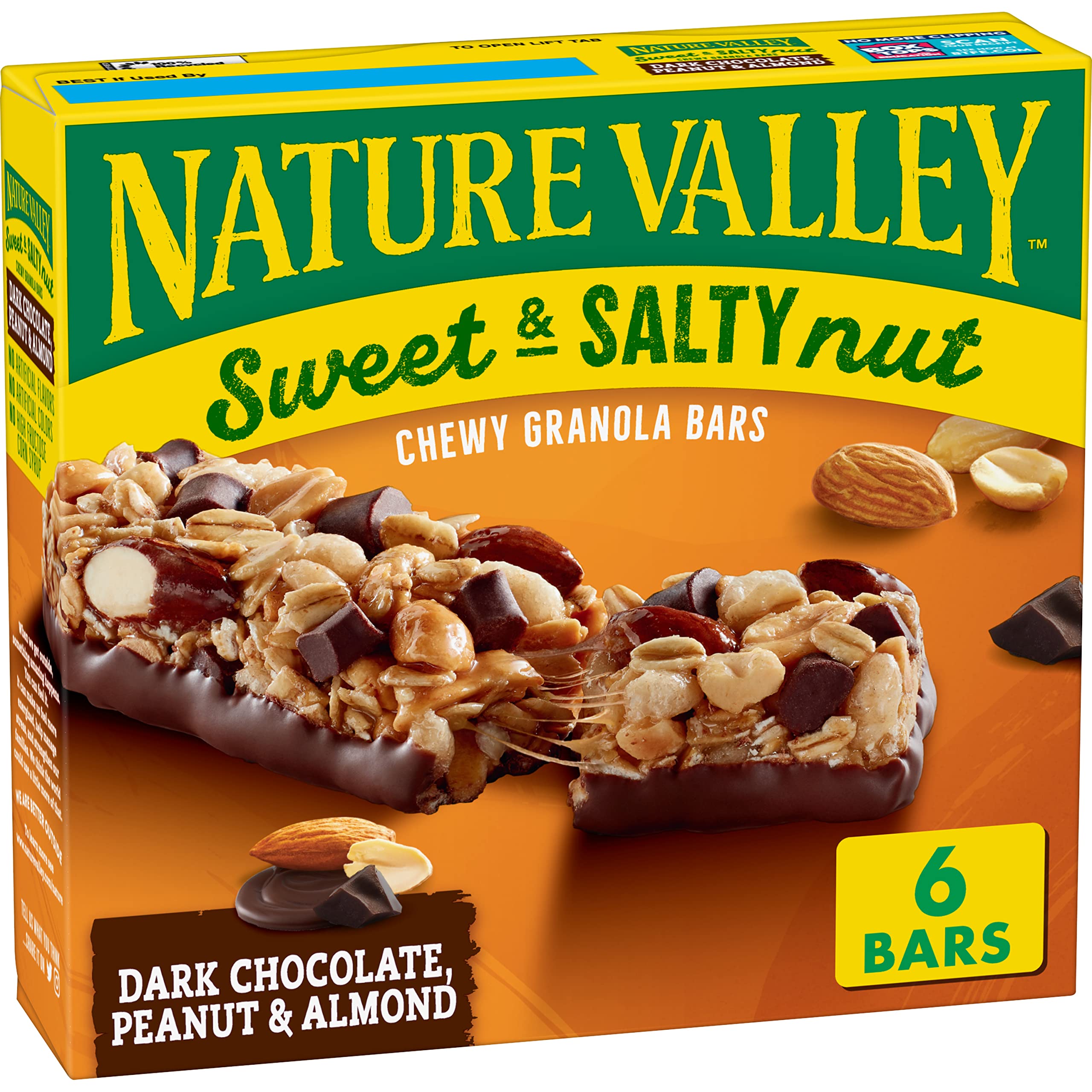 Nature Valley Sweet and Salty Nut Bars with dark chocolate, portable pantry snack.