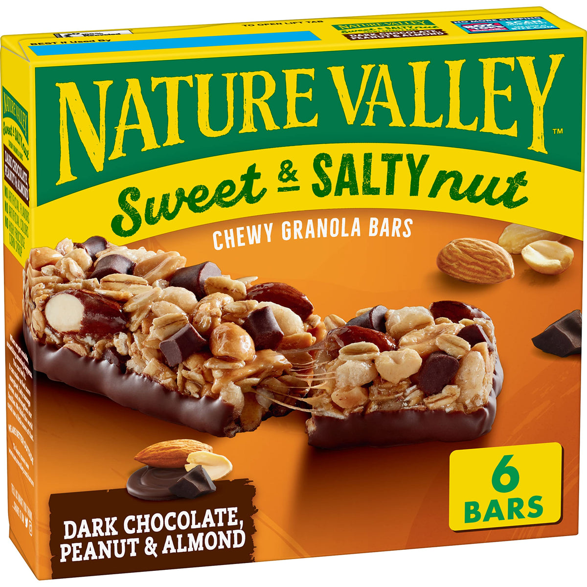 Nature Valley Sweet and Salty Nut Bars with dark chocolate, portable pantry snack.