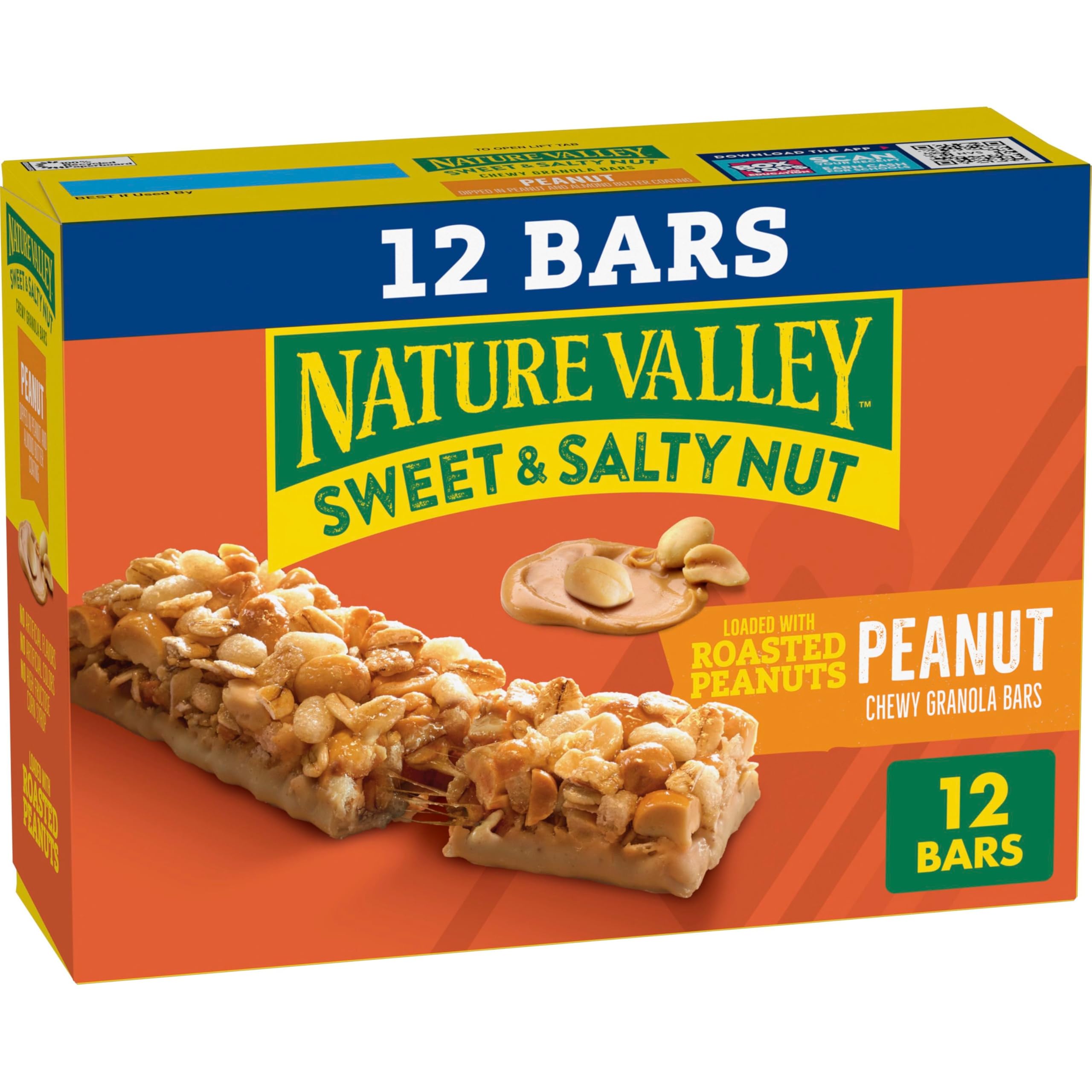 Nature Valley Sweet and Salty Nut Peanut Bar close-up showing roasted peanuts for on-the-go snacking.