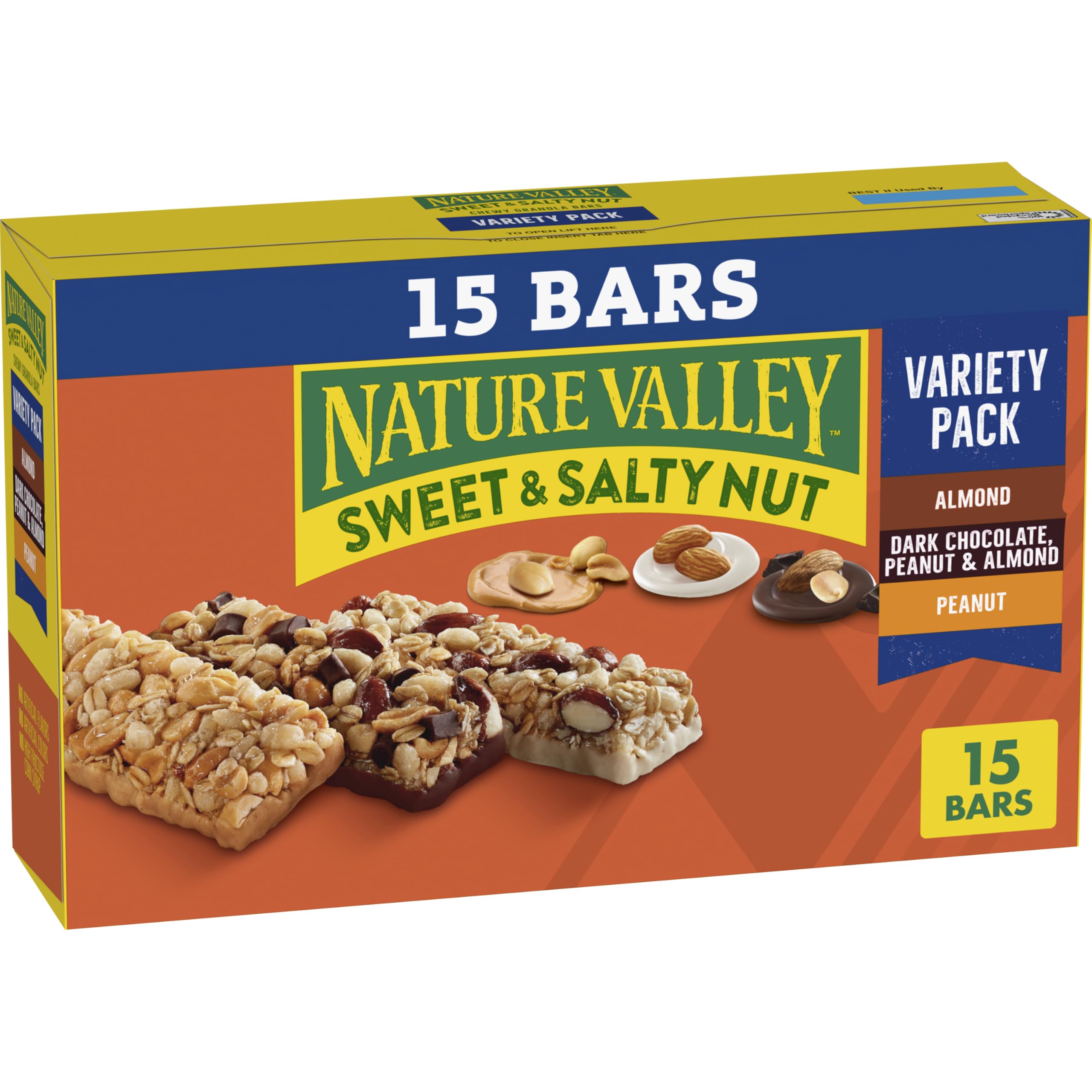 Nature Valley Sweet and Salty Nut Variety Pack box showing three flavors for easy snacking