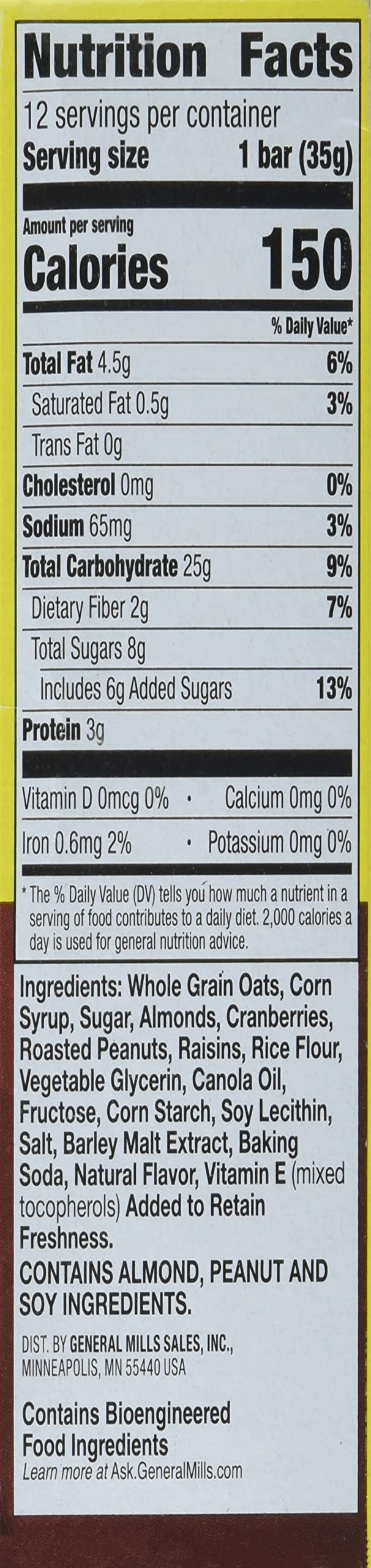 Nature Valley trail mix bar close-up shows nuts and fruit for on-the-go energy.