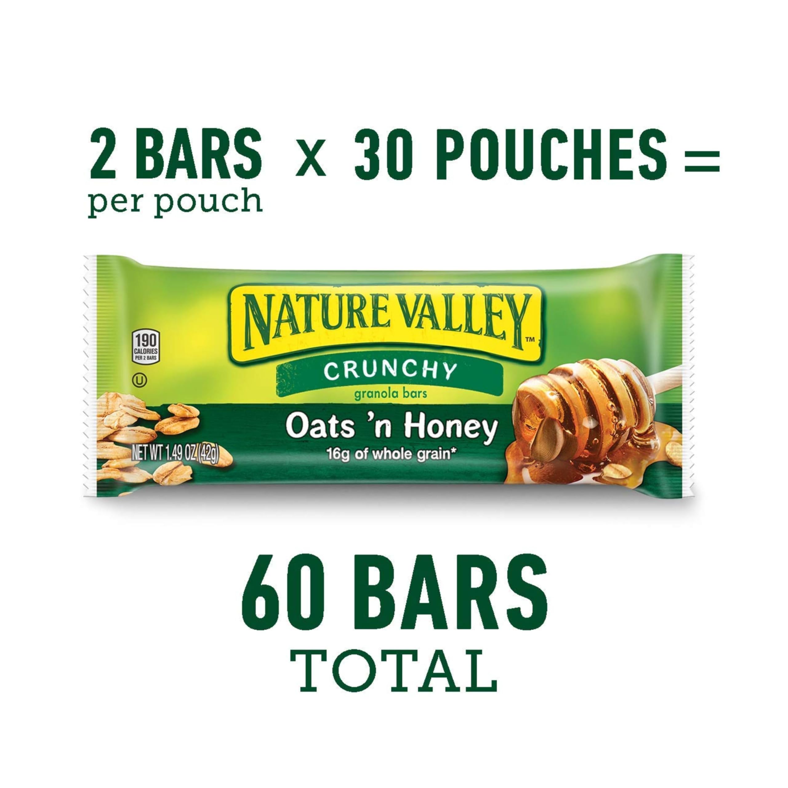 Nature Valley two-bar pouch pack showing portable snack for lunchboxes.