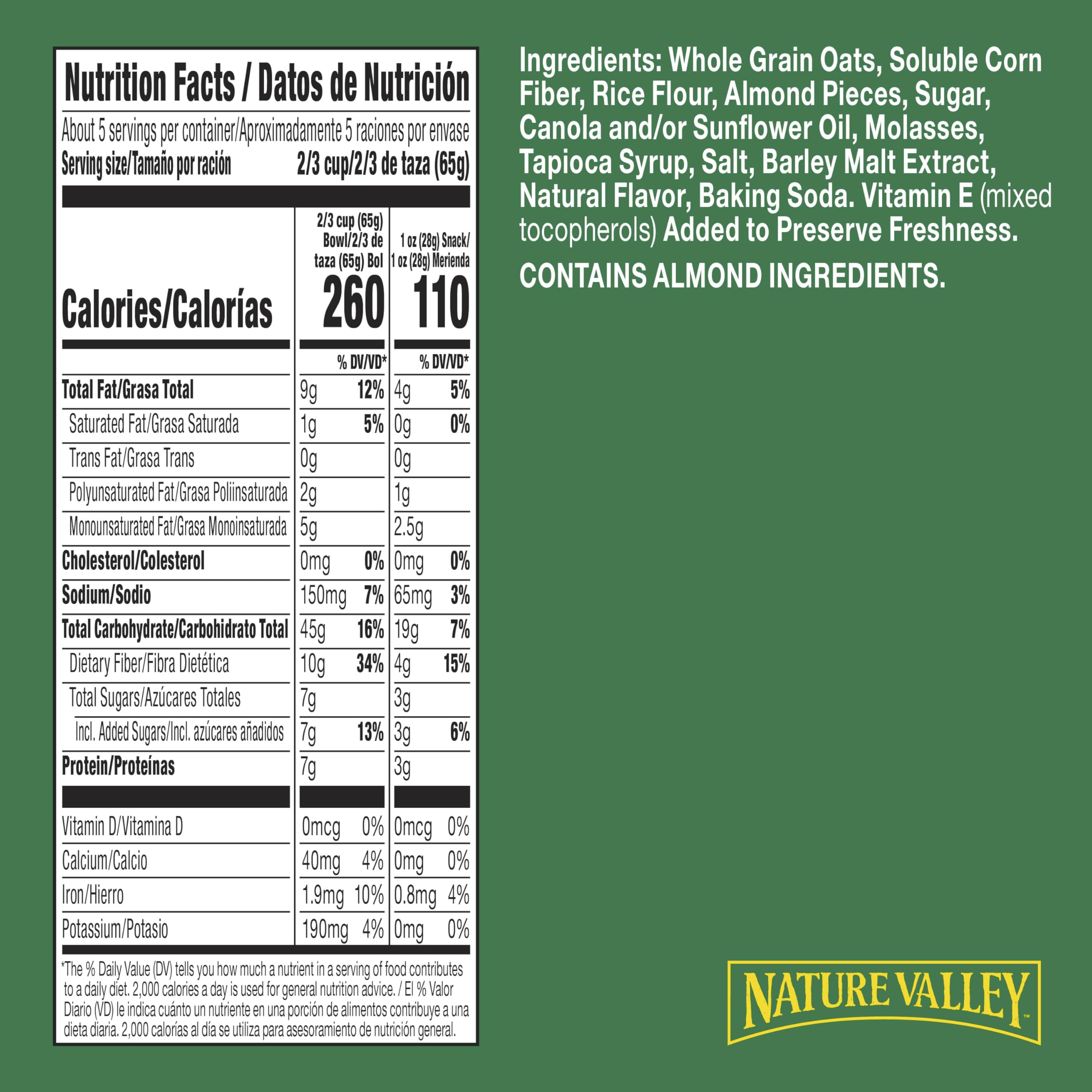 Close-up of Nature Valley Vanilla Almond granola clusters showing crunchy texture