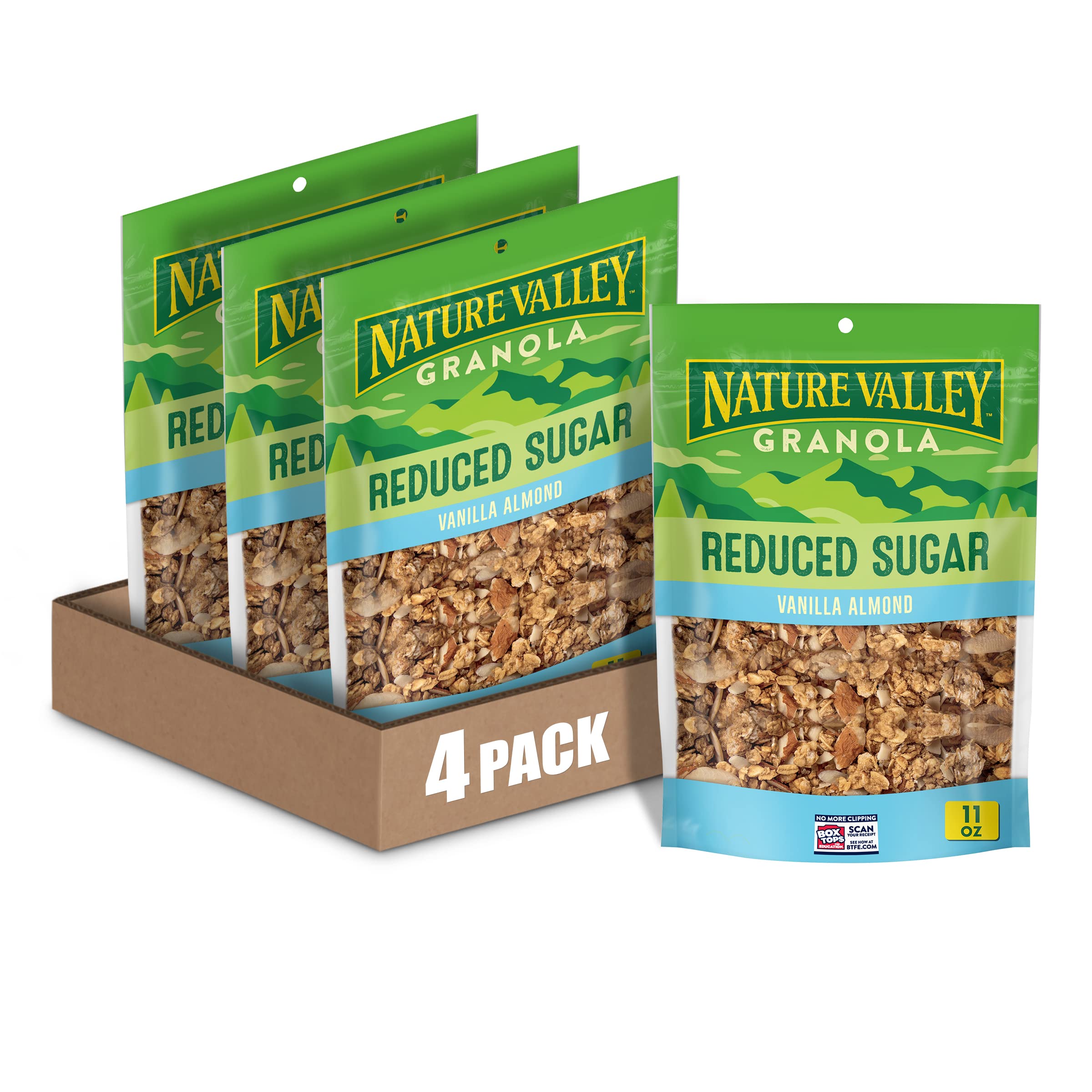 Nature Valley Vanilla Almond Reduced Sugar Granola bag front with resealable closure