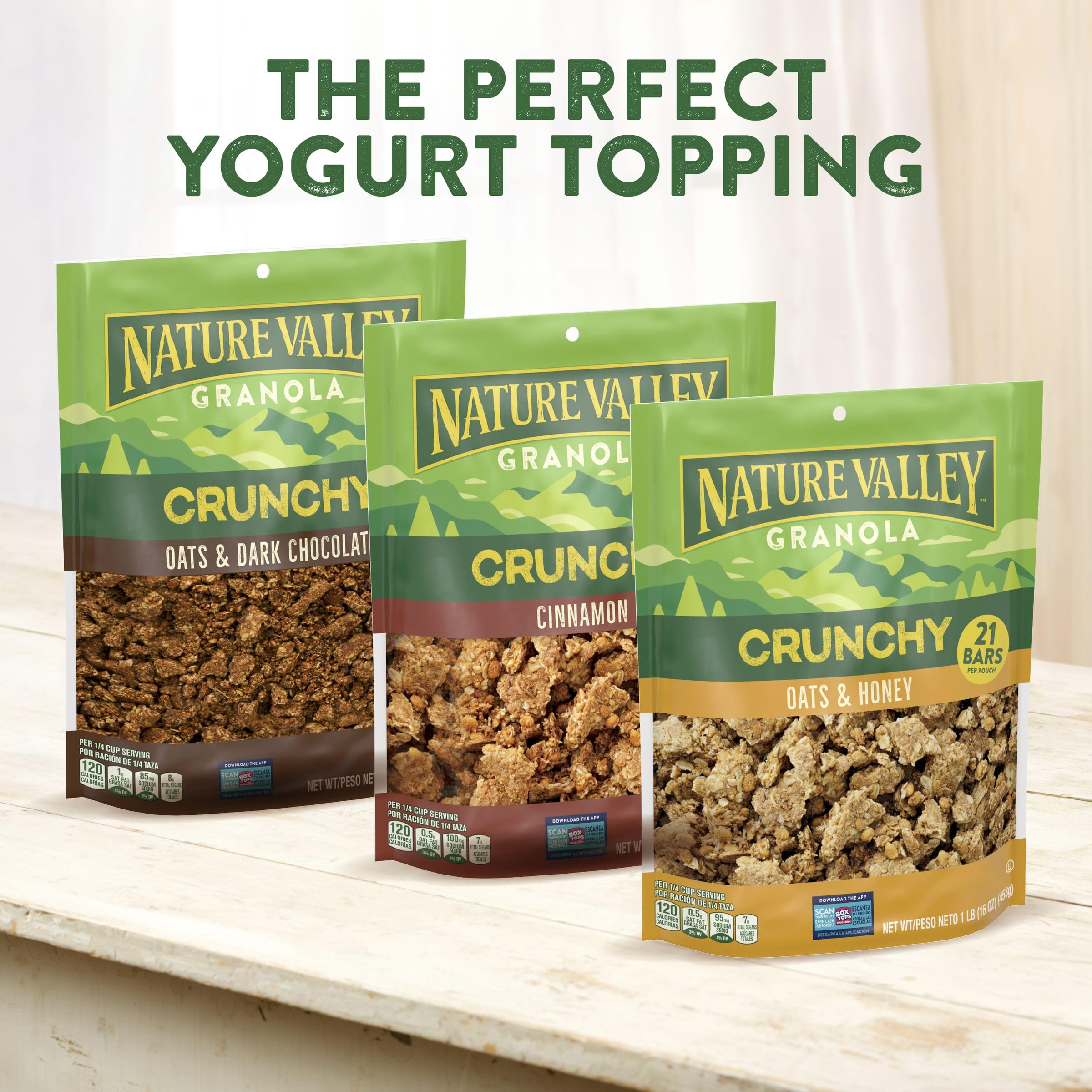 Nature Valley whole grain oats highlight wholesome ingredients and sustained energy options.