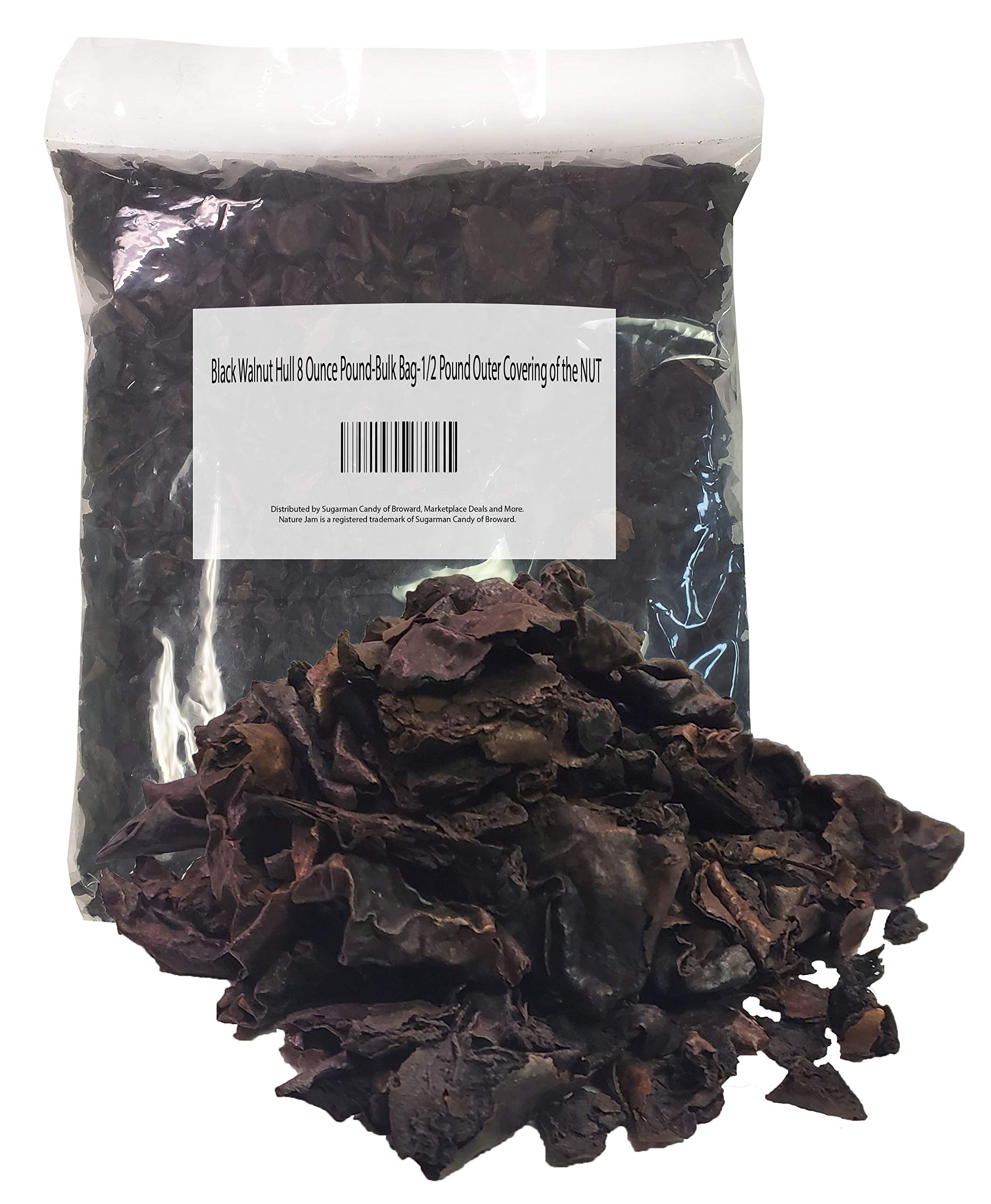 Naturejam Black Walnut Hull 8oz bulk bag, showing coarse outer hull material for herbal use.