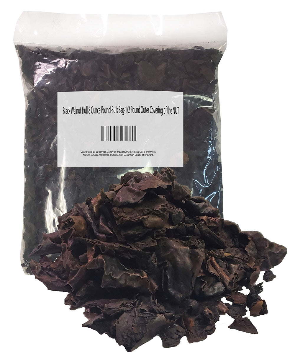 Naturejam Black Walnut Hull 8oz bulk bag, showing coarse outer hull material for herbal use.