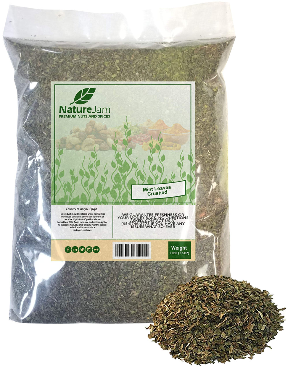 NatureJam crushed mint leaves in a 1lb bulk bag for versatile cooking.