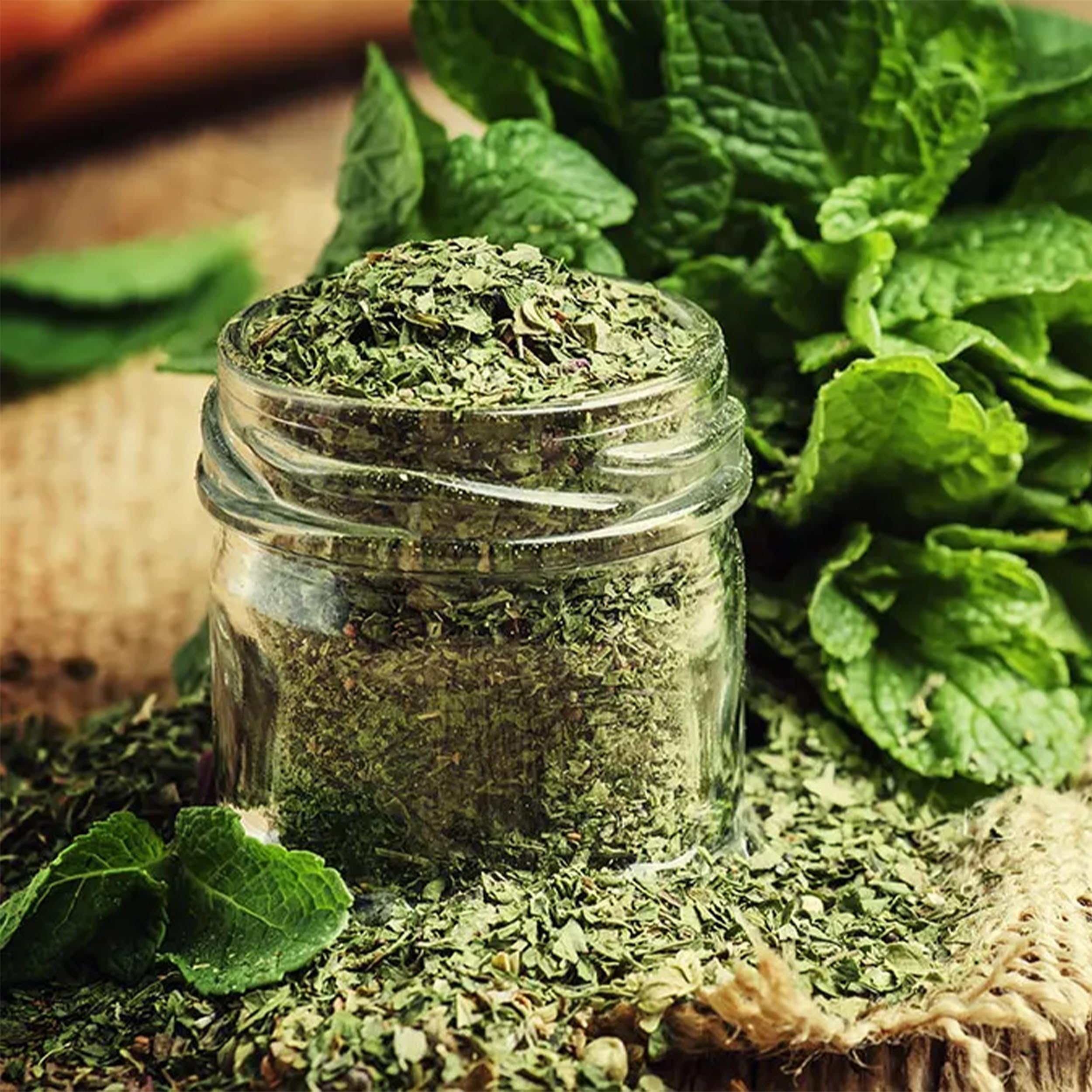 NatureJam crushed mint leaves garnish to brighten dishes and cocktails.