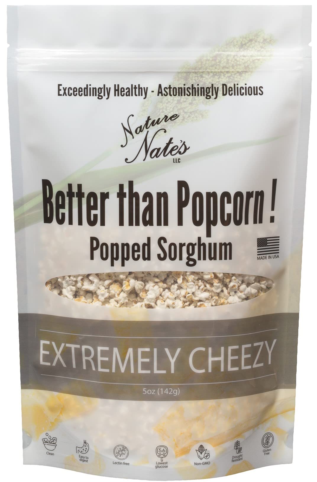 Nature Nate's Extremely Cheezy Popped Sorghum bag offers a protein-packed gluten-free snack.