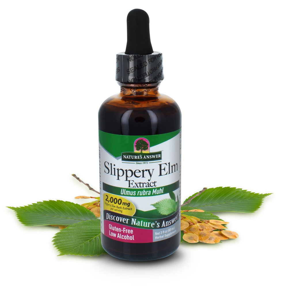 Nature's Answer Slippery Elm Extract bottle shows 1000 mg per serving for daily support.