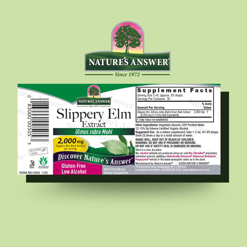 Close-up of label highlights potency and serving size for slippery elm extract.