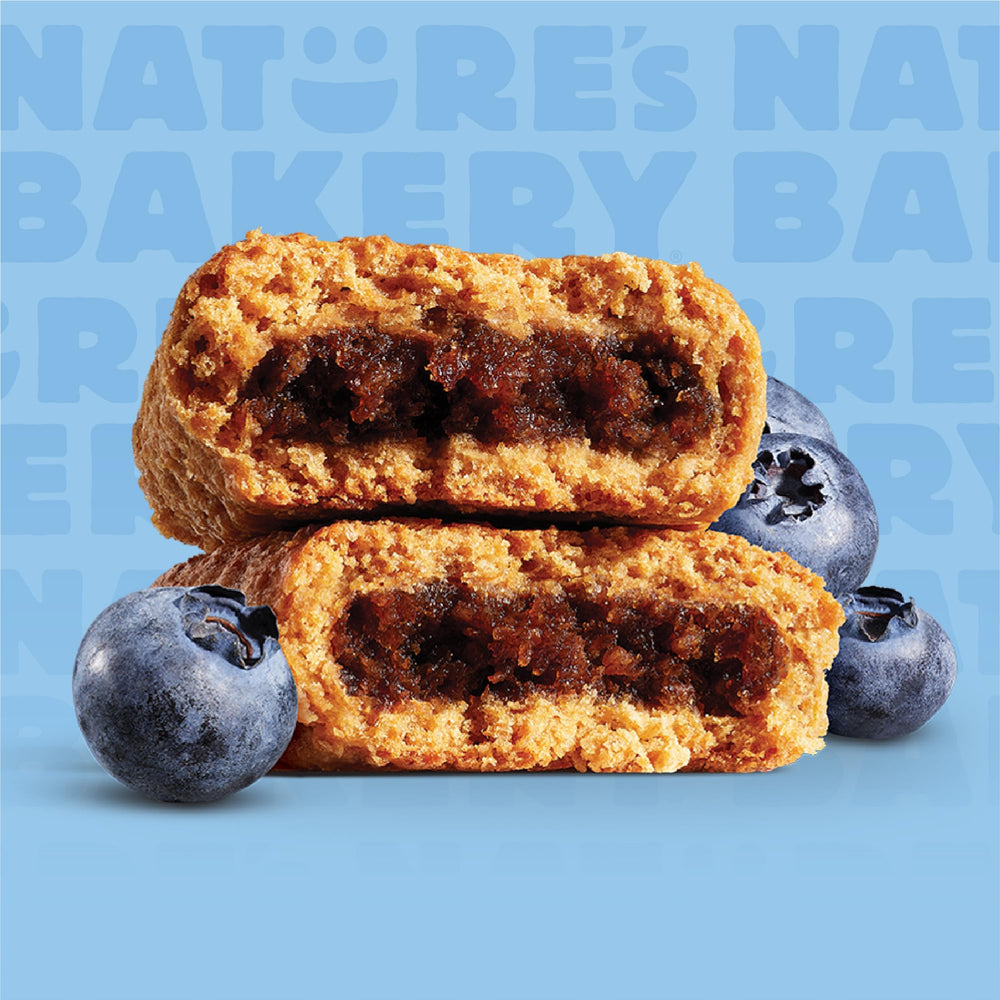 Nature's Bakery Blueberry Fig Bars on a plate highlighting whole wheat base.
