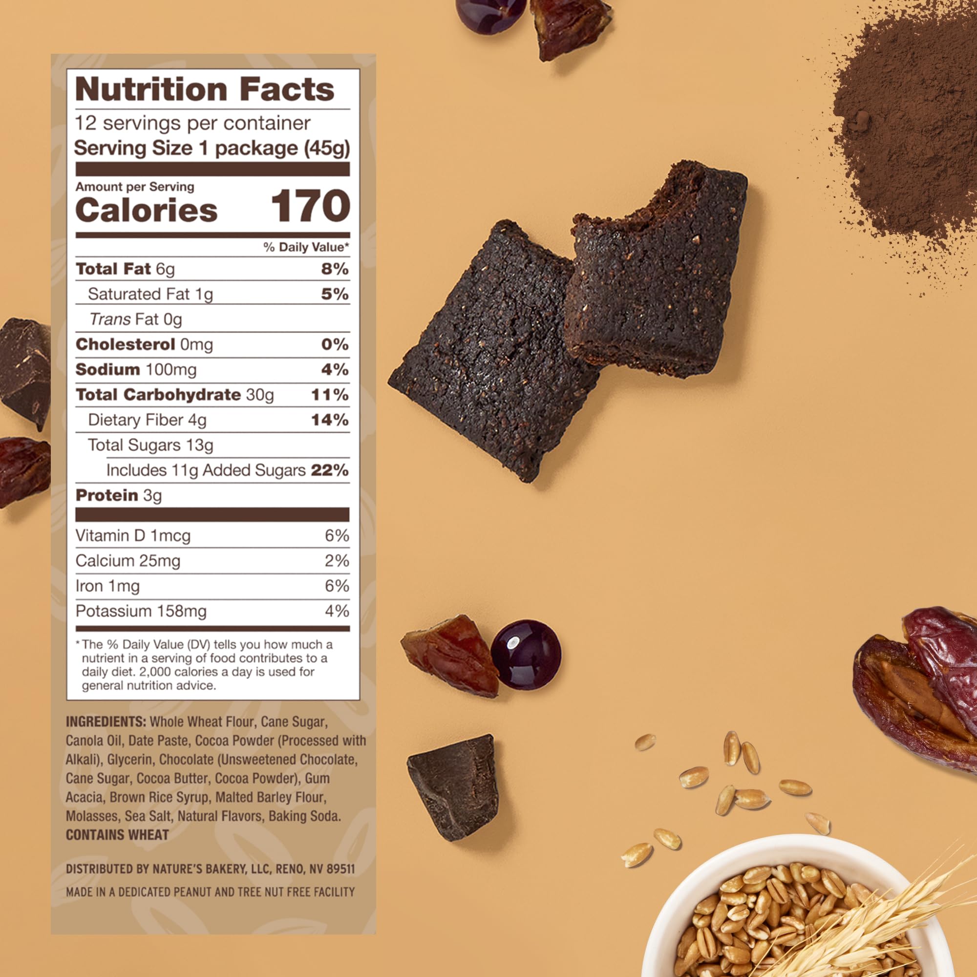 Nature's Bakery dates and cocoa close-up highlights rich flavor and plant-based ingredients.