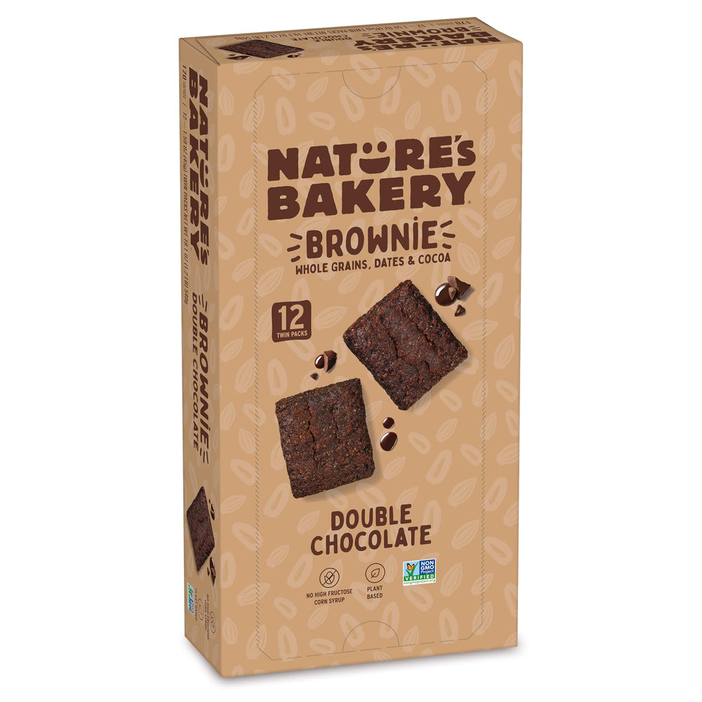 Nature's Bakery Double Chocolate Brownie Bars pack front shows 12 twin packs for on-the-go snacking.