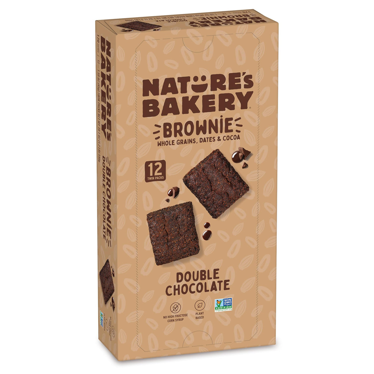 Nature's Bakery Double Chocolate Brownie Bars pack front shows 12 twin packs for on-the-go snacking.