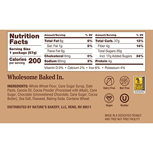 Nature's Bakery brownie back panel reveals real fruit and non-GMO ingredients.