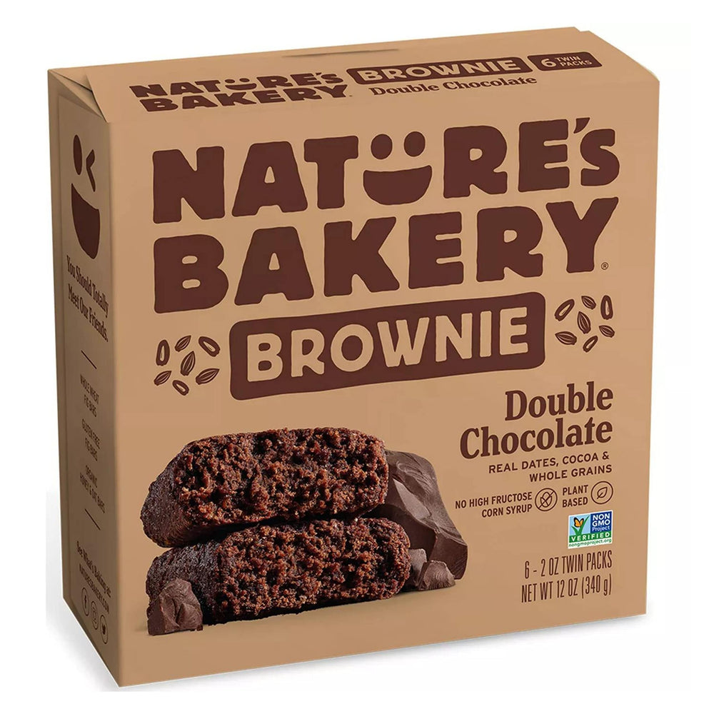 Nature's Bakery Double Chocolate Brownies 2oz pack front, convenient vegan snack.
