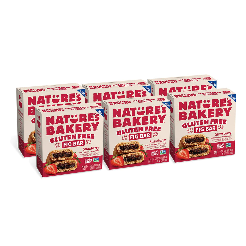 Nature's Bakery gluten-free fig bars strawberry packaging for on-the-go snacking.