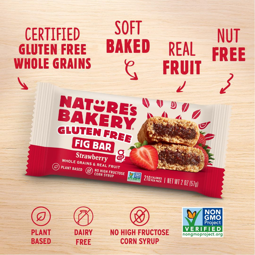 Nature's Bakery vegan symbol on strawberry fig bars packaging signals plant-based snack.