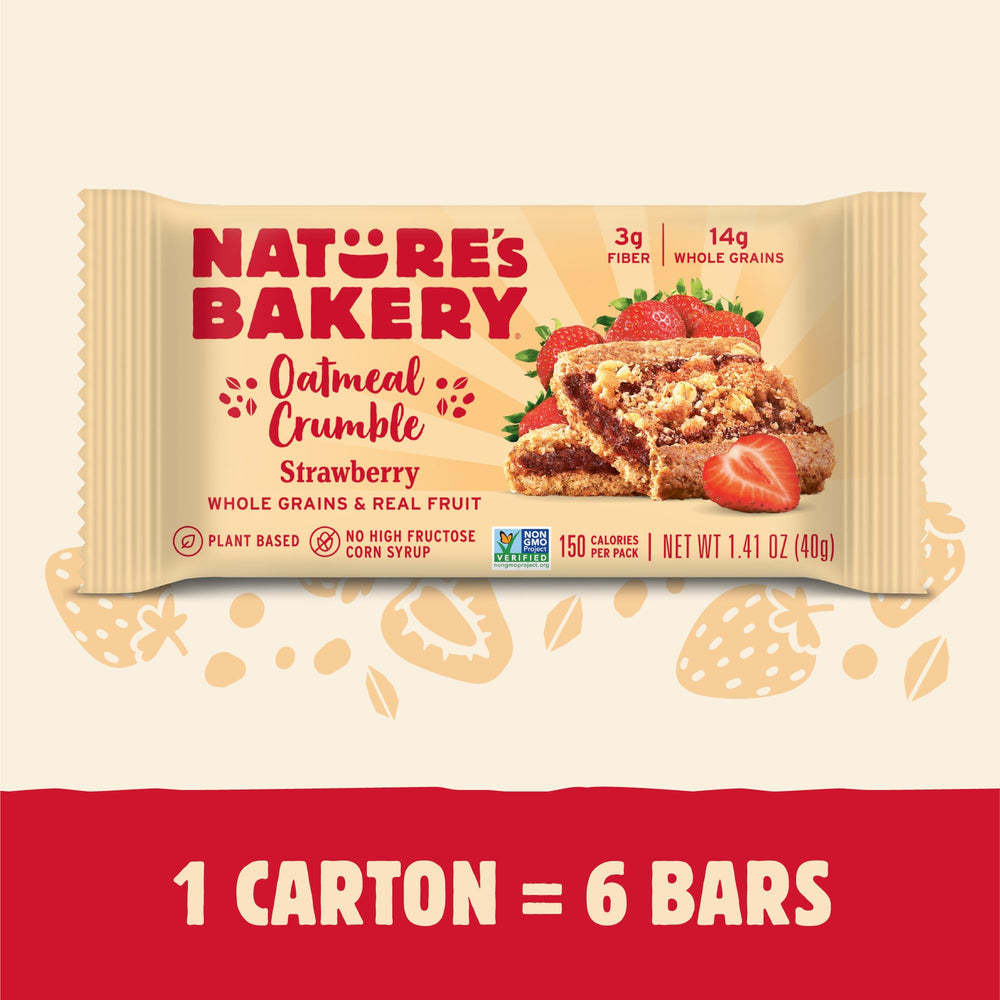 Nature's Bakery Oatmeal Crumble Bar Strawberry bar cut reveals soft oats and strawberry filling.