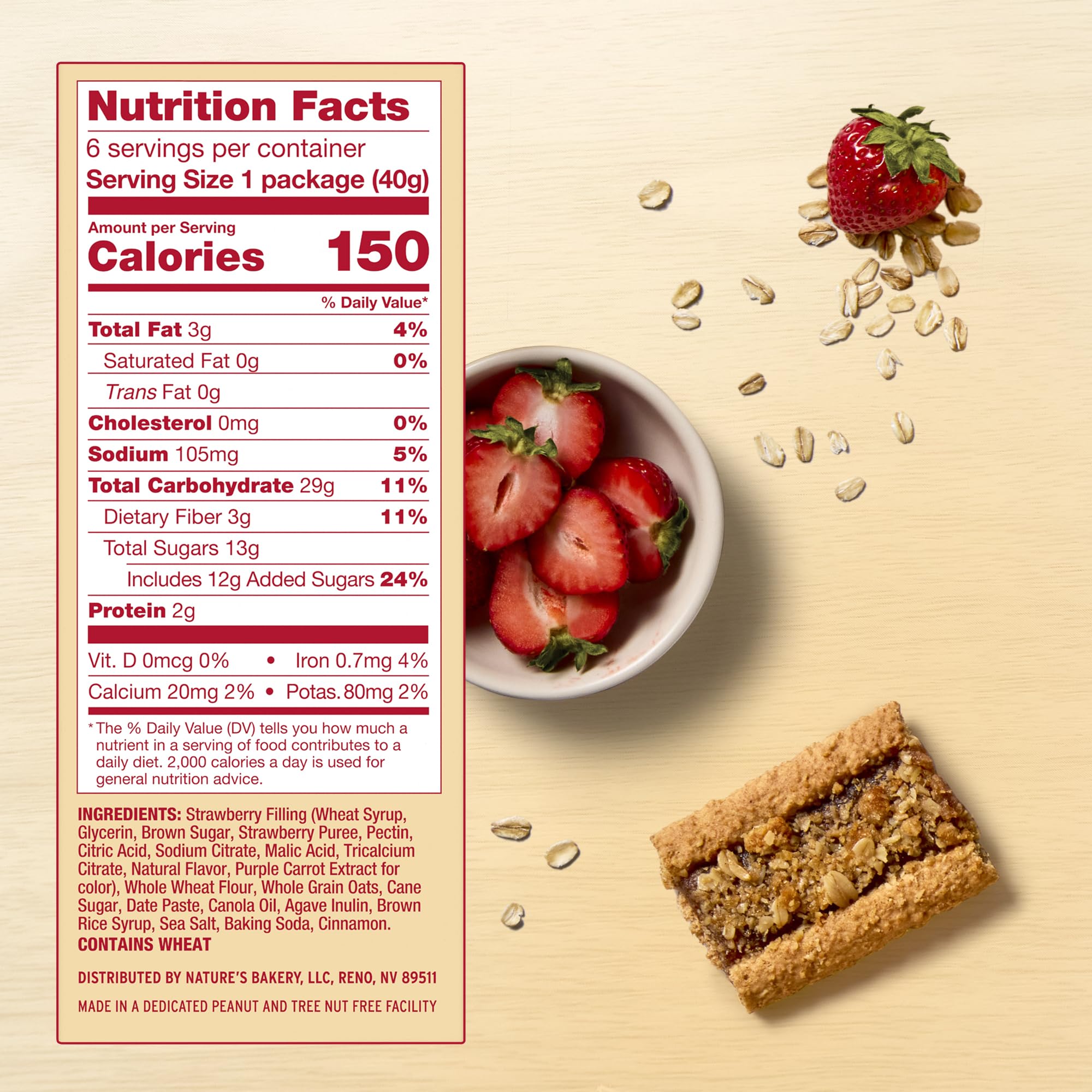 Nature's Bakery Oatmeal Crumble Bar Strawberry wrapper highlights real fruit filling and plant-based ingredients.