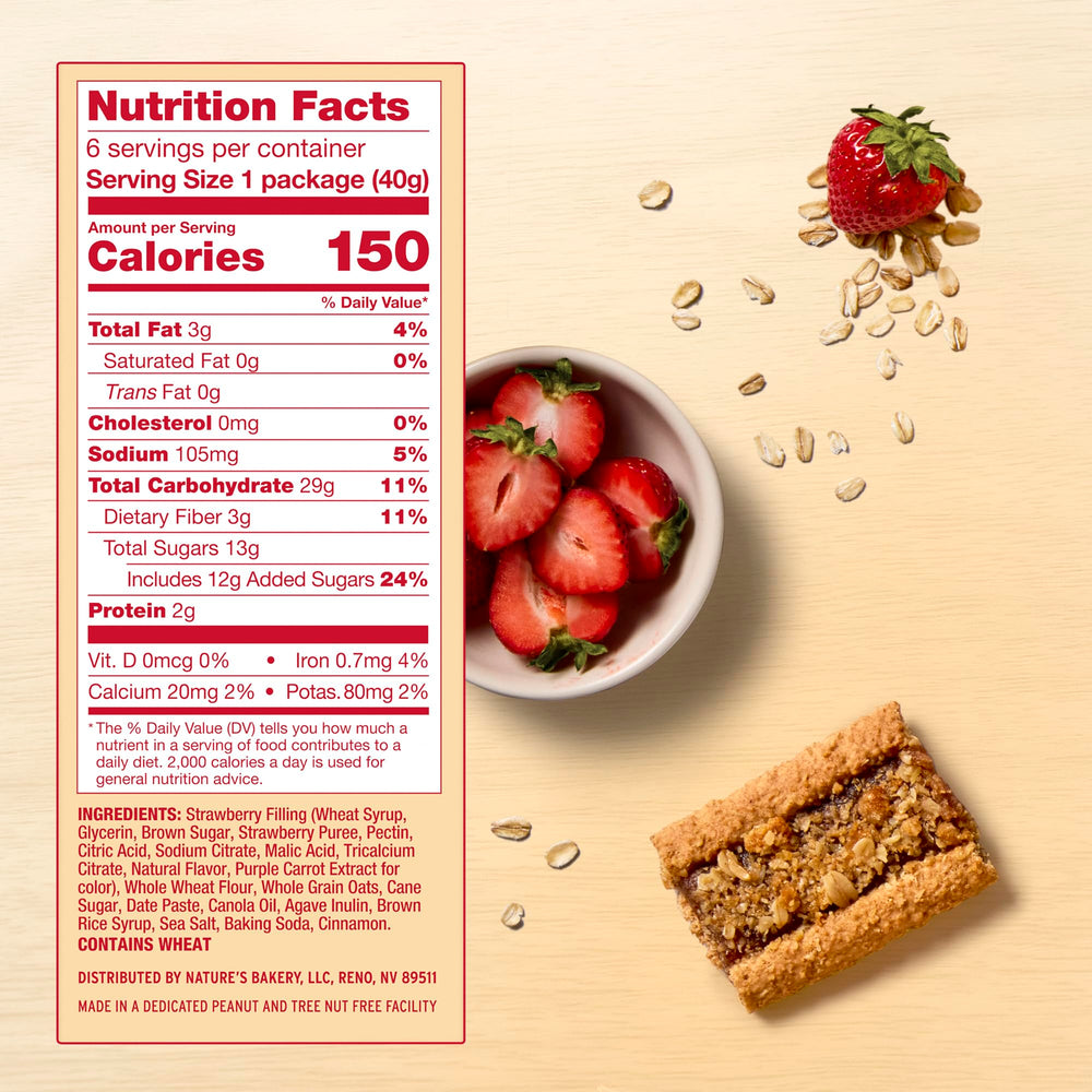 Nature's Bakery Oatmeal Crumble Bar Strawberry wrapper highlights real fruit filling and plant-based ingredients.