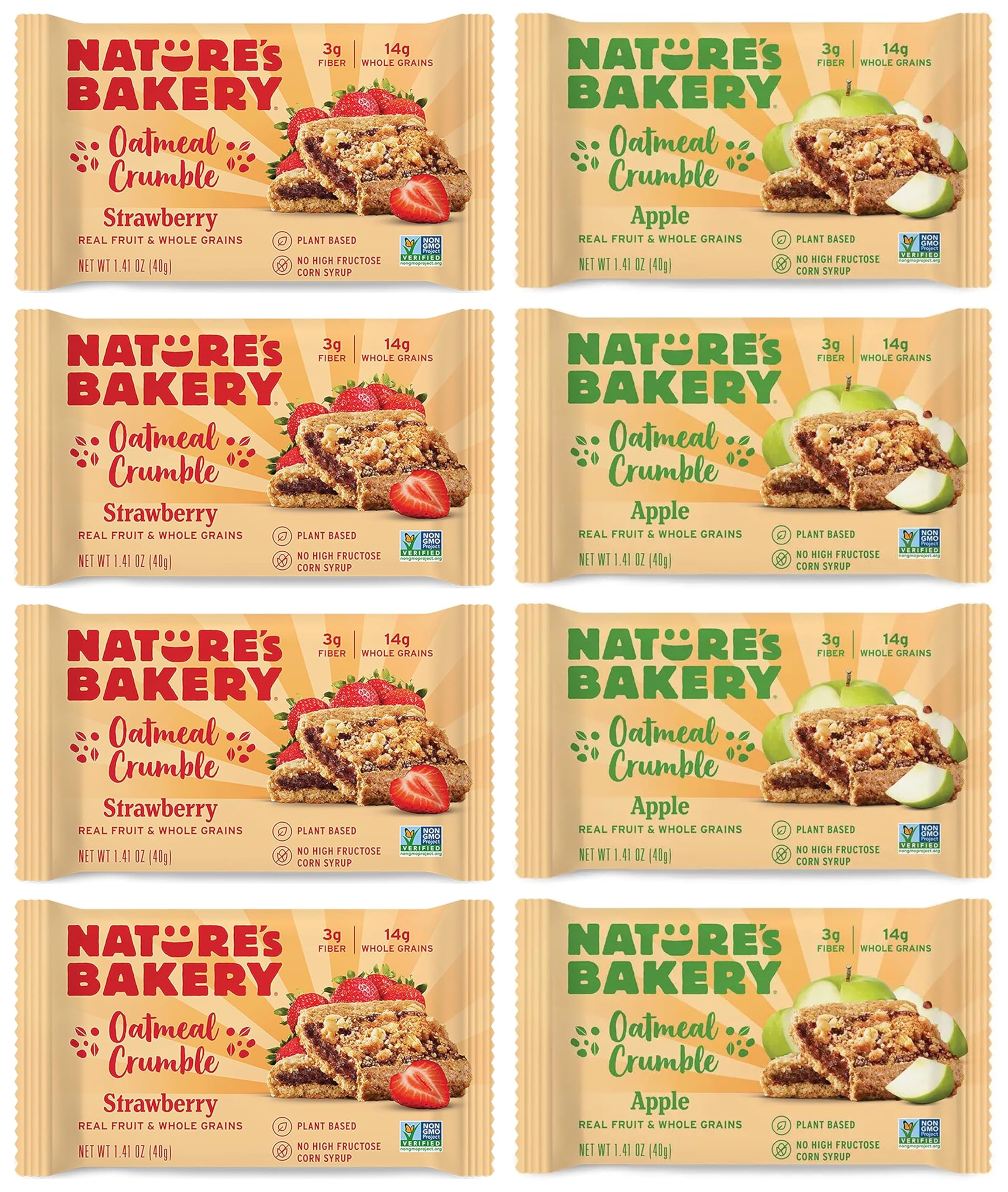 Nature's Bakery oatmeal crumble bars variety sampler packaging; convenient, on-the-go snack with real fruit and whole grains.