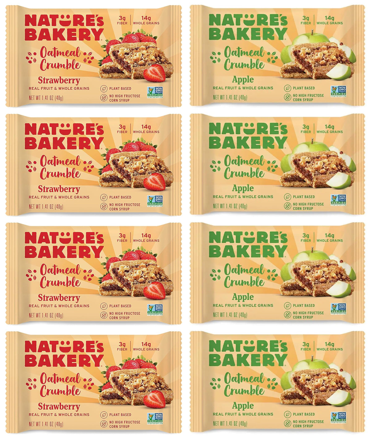 Nature's Bakery oatmeal crumble bars variety sampler packaging; convenient, on-the-go snack with real fruit and whole grains.