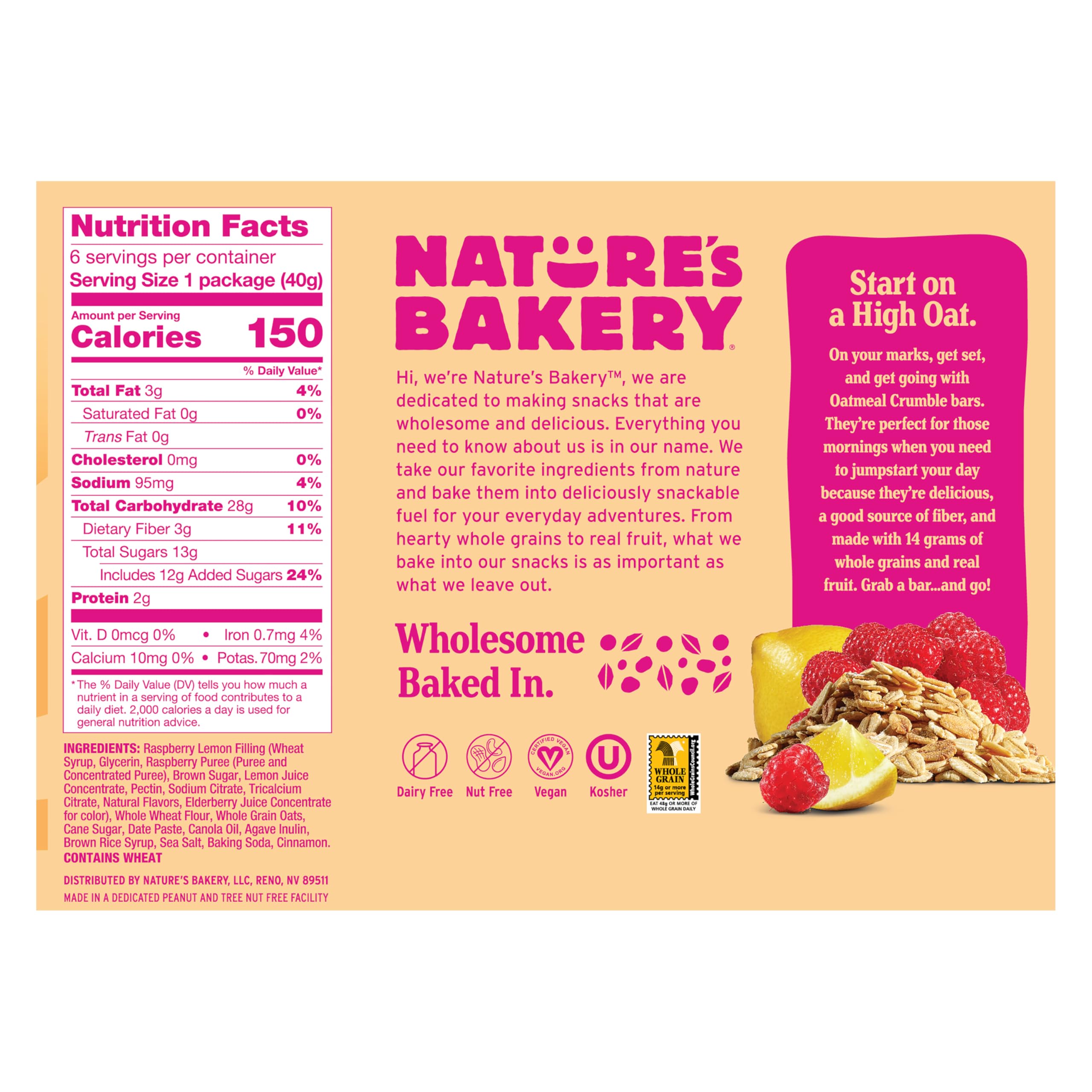 Nature's Bakery Raspberry Lemon Oatmeal Crumble Bars closeup showing real fruit texture
