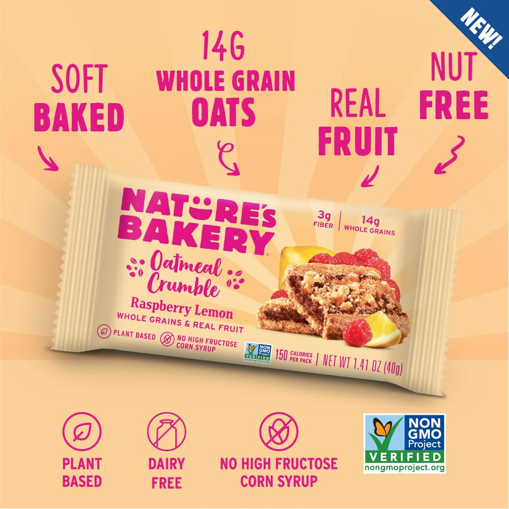 Nature's Bakery Raspberry Lemon Oatmeal Crumble Bars served on a breakfast plate