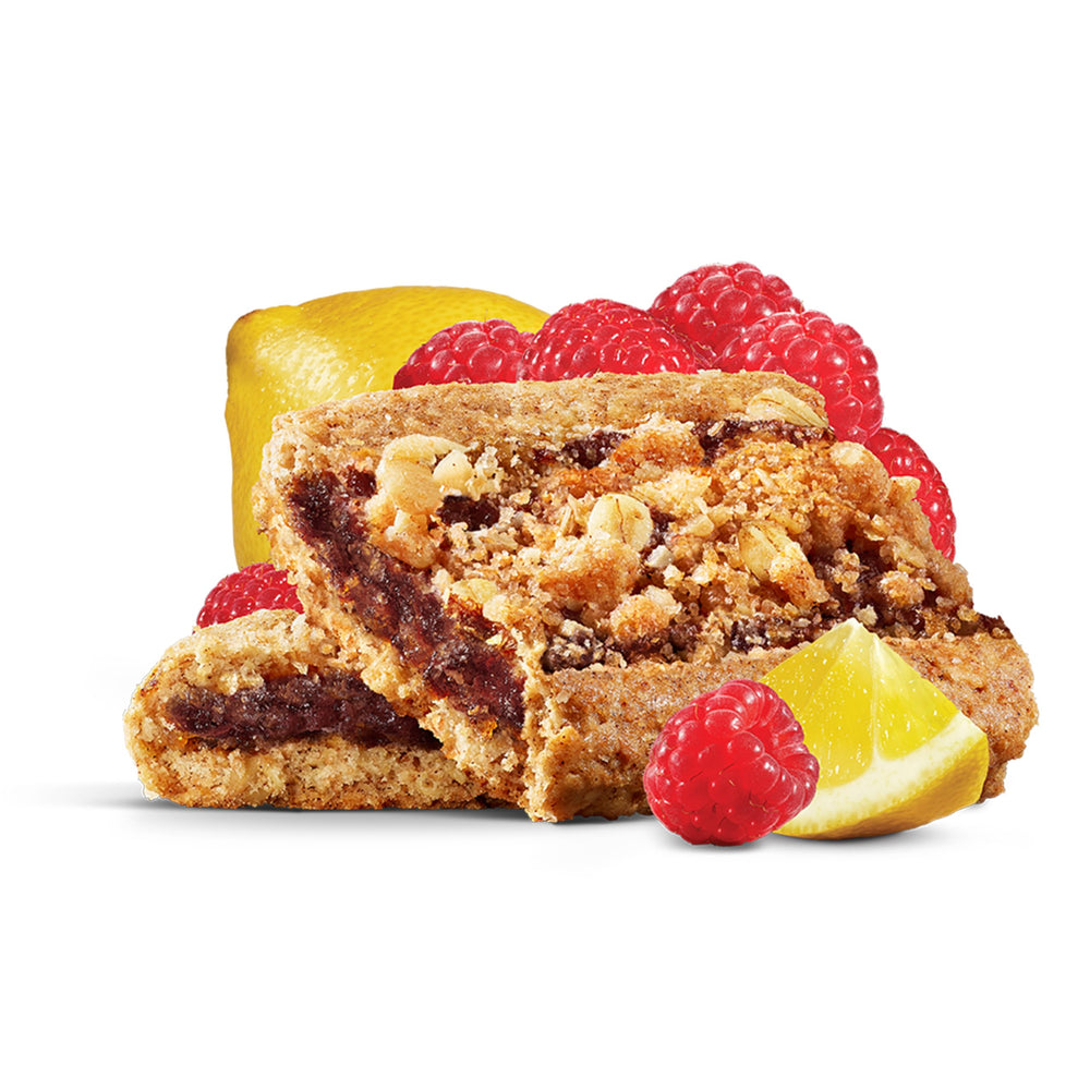 Nature's Bakery Raspberry Lemon Oatmeal Crumble Bars nutrition label highlights Non-GMO and vegan