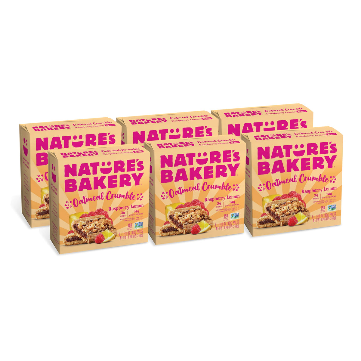 Nature's Bakery Oatmeal Crumble Bars Raspberry Lemon packaging, convenient vegan breakfast option